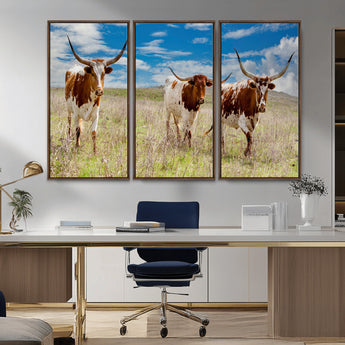 58099948-MGV-FC-48X32-3P_Walnut-Texas Longhorn Wall Art Canvas Print, Framed Western Decor Art Picture Print, Rustic Farmhouse Perfect Western Farmhouse Decor