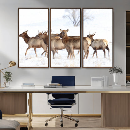 68738684-MGV-CV-36X24-Winter Elk Scene Wall Art Canvas Print, Framed Wildlife Photography Art Picture Print, Snowy Deer Decor Perfect Rustic Lodge Decor