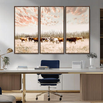 43704663-MGV-CV-36X24-Country Cow Herd Wall Art Canvas Print, Framed Farmhouse Cattle Scene Art Picture Print, Rustic Ranch Decor Perfect Rustic