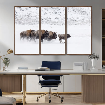 56216945-MGV-CV-36X24-Bison Herd Decor Wall Art Canvas Print, Framed Snowy Bison Scene Art Picture Print, Winter Wildlife Theme Perfect Rustic Western