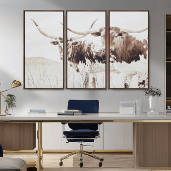 48161868-MGV-CV-36X24-Longhorn Cow Decor Wall Art Canvas Print, Framed Rustic Cattle Art Picture Print, Sepia Western Vibe Perfect Neutral Rustic