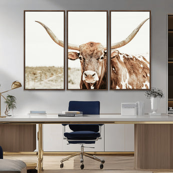 98924580-MGV-CV-36X24-Texas Longhorn Bull Wall Art Canvas Print, Framed Rustic Farmhouse Decor Art Picture Print, Western Animal Theme Perfect Rustic