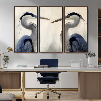 18230556-MGV-FC-48X32-3P_Walnut-Blue Heron Pair Wall Art Canvas Print, Framed Coastal Bird Theme Art Picture Print, Tranquil Wildlife Scene Perfect Coastal