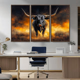 58293979-MGV-FC-48X32-3P_Walnut-Longhorn Canvas Wall Art Canvas Print, Framed Bold Bull Wall Art Art Picture Print, Western Animal Decor Perfect Western Dramatic