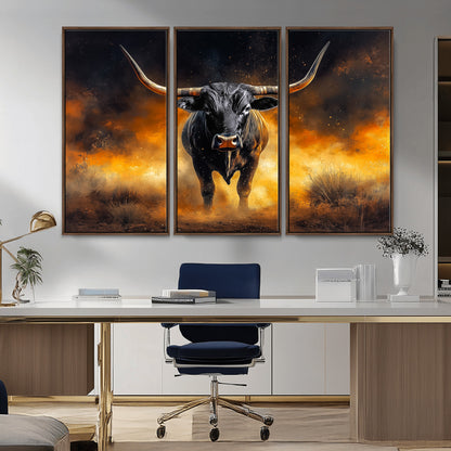 58293979-MGV-FC-48X32-3P_Walnut-Longhorn Canvas Wall Art Canvas Print, Framed Bold Bull Wall Art Art Picture Print, Western Animal Decor Perfect Western Dramatic