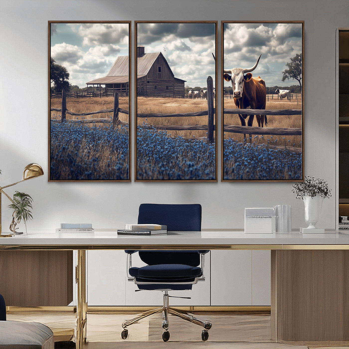 51092814-MGV-CV-36X24-Texas Longhorn Wall Art Wall Art Canvas Print, Framed Rustic Barn Canvas Art Picture Print, Farmhouse Cow Decor Perfect Rustic