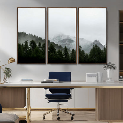 55968349-MGV-CV-36X24-Misty Mountains Wall Art Canvas Print, Framed Foggy Forest Art Picture Print, Snowy Peaks Perfect Moody Wilderness Decor Artwork