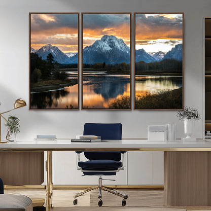 14130176-MGV-FC-48X32-3P_Walnut-Mountain Sunset Wall Art Canvas Print, Framed Alpine Wilderness Art Picture Print, Golden Hour Perfect Rustic Wilderness Decor