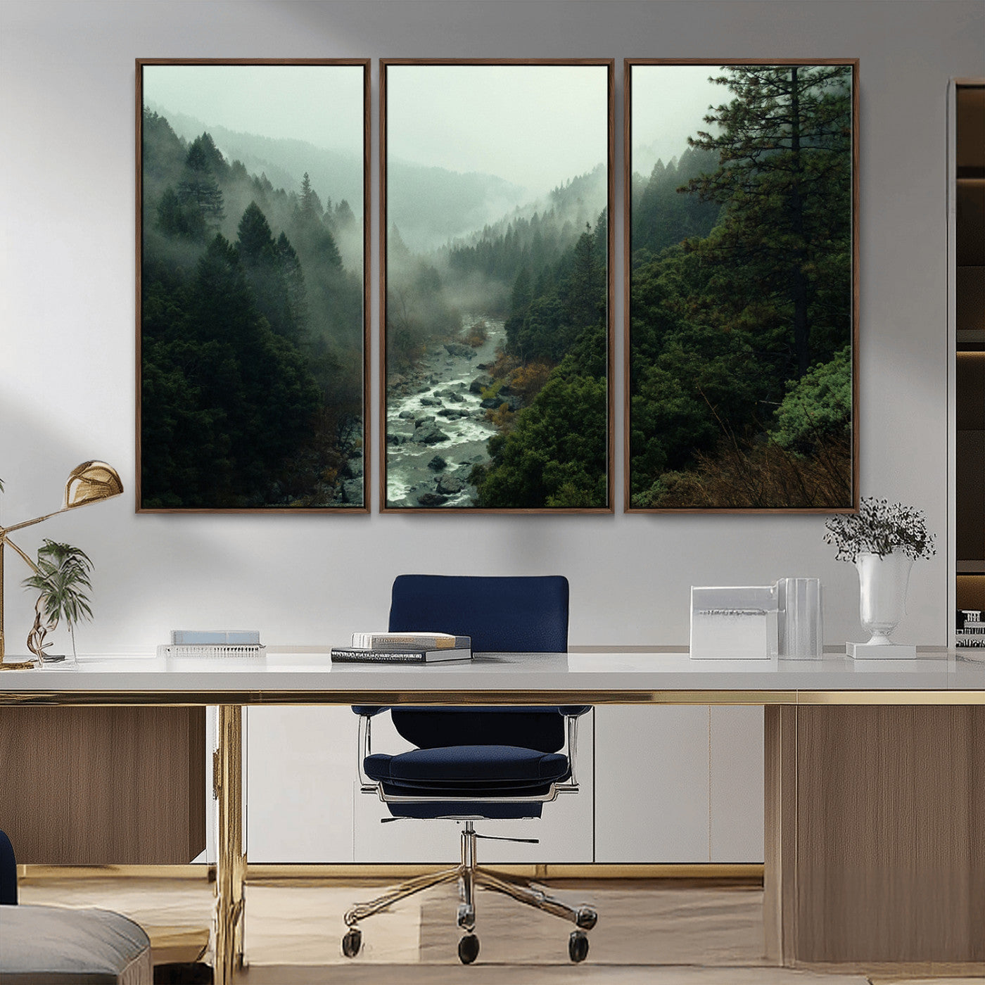 48497565-MGV-FC-48X32-3P_Walnut-Misty Forest Wall Art Canvas Print, Framed Foggy River Art Picture Print, Moody Landscape Perfect Moody Wilderness Decor Artwork