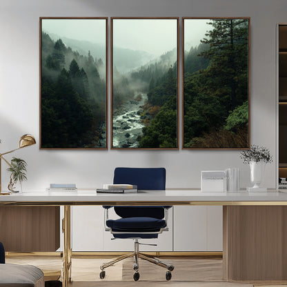 48497565-MGV-FC-48X32-3P_Walnut-Misty Forest Wall Art Canvas Print, Framed Foggy River Art Picture Print, Moody Landscape Perfect Moody Wilderness Decor Artwork