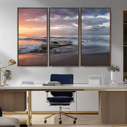 94208089-MGV-FC-48X32-3P_Walnut-Golden Hour Wall Art Canvas Print, Framed Tranquil Waves Art Picture Print, Beach Horizon Perfect Coastal Serenity Decor Artwork