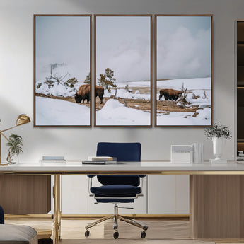 60308289-MGV-FC-48X32-3P_Walnut-Bison Wildlife Wall Art Canvas Print, Framed Snowy Prairie Art Picture Print, Western Landscape Perfect Rustic Winter Decor