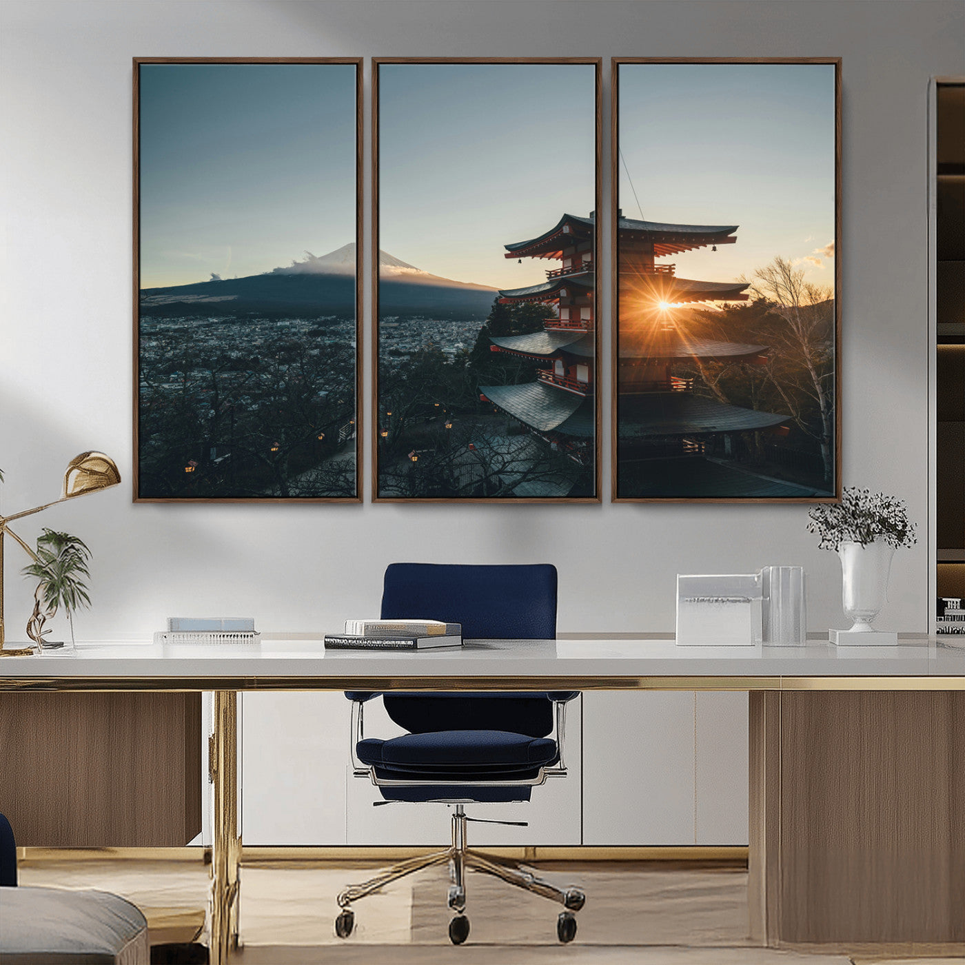 87729656-MGV-FC-48X32-3P_Walnut-Mount Fuji Wall Art Canvas Print, Framed Japan Travel Art Picture Print, Chureito Pagoda Perfect Zen Minimalism Decor Artwork