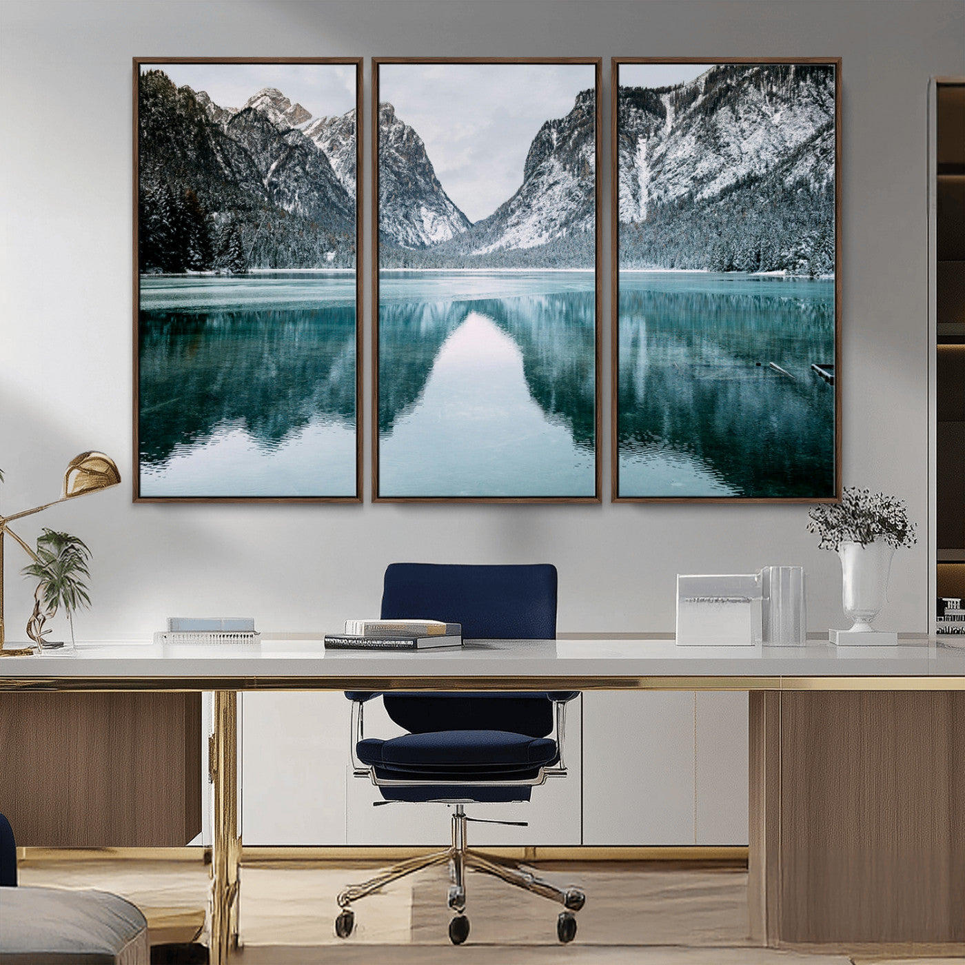 73098373-MGV-FC-48X32-3P_Walnut-Mountain Lake Wall Art Canvas Print, Framed Winter Wonderland Art Picture Print, Snowy Peaks Perfect Modern Nature Decor Artwork