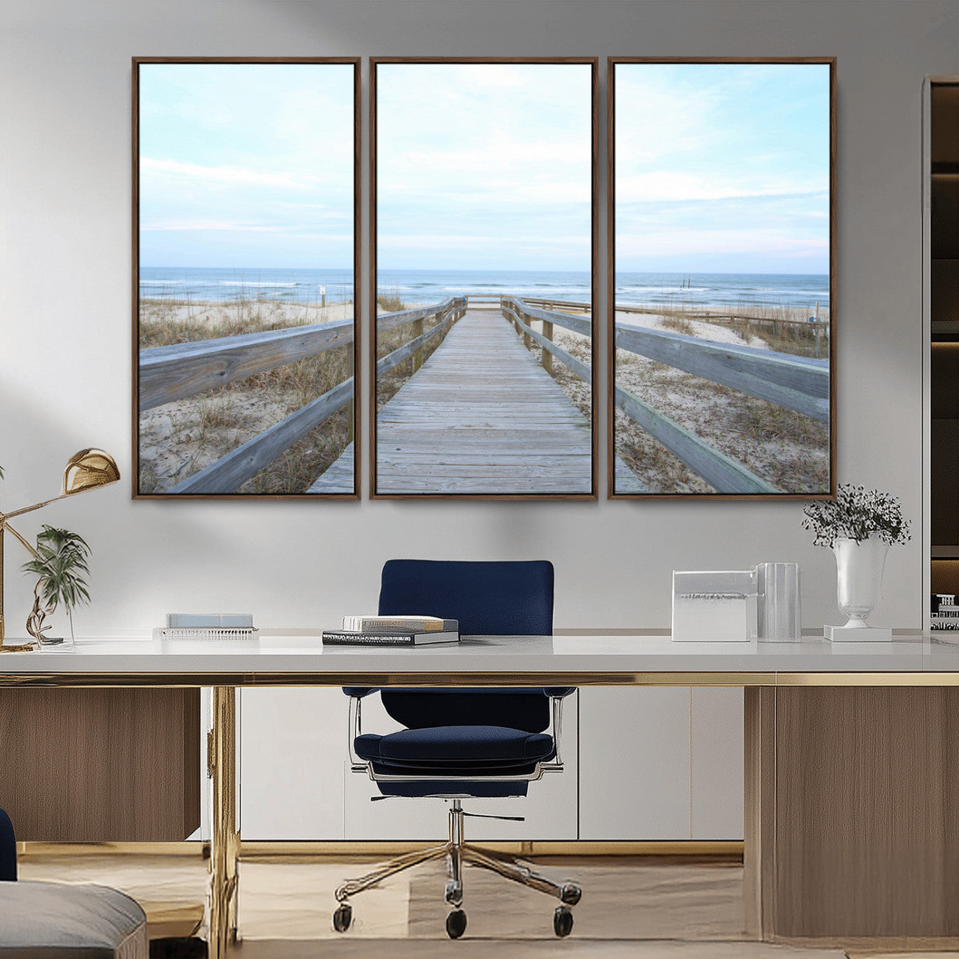 31602988-MGV-FC-48X32-3P_Walnut-Beach Boardwalk Wall Art Canvas Print, Framed Coastal Serenity Art Picture Print, Ocean View Perfect Coastal Minimalist Decor