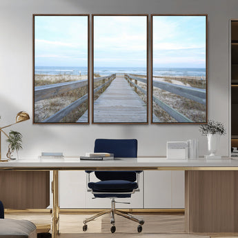 31602988-MGV-FC-48X32-3P_Walnut-Beach Boardwalk Wall Art Canvas Print, Framed Coastal Serenity Art Picture Print, Ocean View Perfect Coastal Minimalist Decor