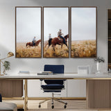 94723307-MGV-FC-48X32-3P_Walnut-Western Cowboys Wall Art Canvas Print, Framed Rustic Prairie Art Picture Print, Horseback Riding Perfect Rustic Western Decor