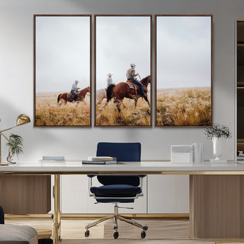 94723307-MGV-FC-48X32-3P_Walnut-Western Cowboys Wall Art Canvas Print, Framed Rustic Prairie Art Picture Print, Horseback Riding Perfect Rustic Western Decor