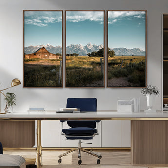 92497443-MGV-FC-48X32-3P_Walnut-Rustic Farmhouse Wall Art Canvas Print, Framed Mountain Cabin Art Picture Print, Western Landscape Perfect Rustic Farmhouse Decor