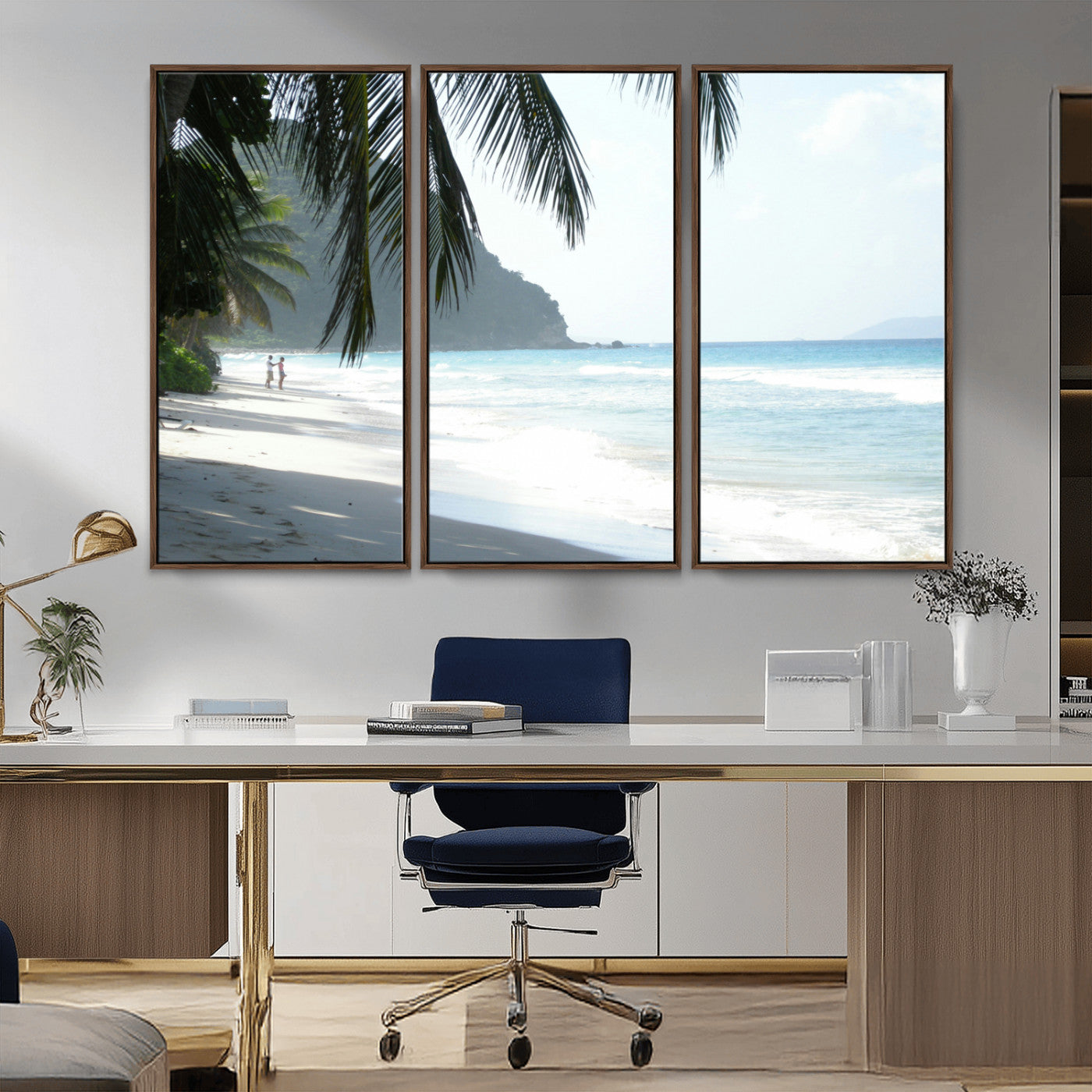 18311030-MGV-FC-48X32-3P_Walnut-Tropical Beach Wall Art Canvas Print, Framed Serene Ocean Art Picture Print, Palm Tree Shadows Perfect Tropical Coastal Decor