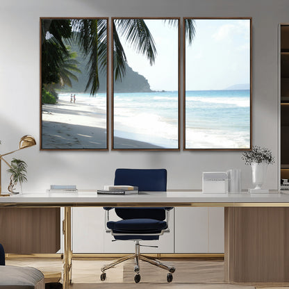 18311030-MGV-FC-48X32-3P_Walnut-Tropical Beach Wall Art Canvas Print, Framed Serene Ocean Art Picture Print, Palm Tree Shadows Perfect Tropical Coastal Decor
