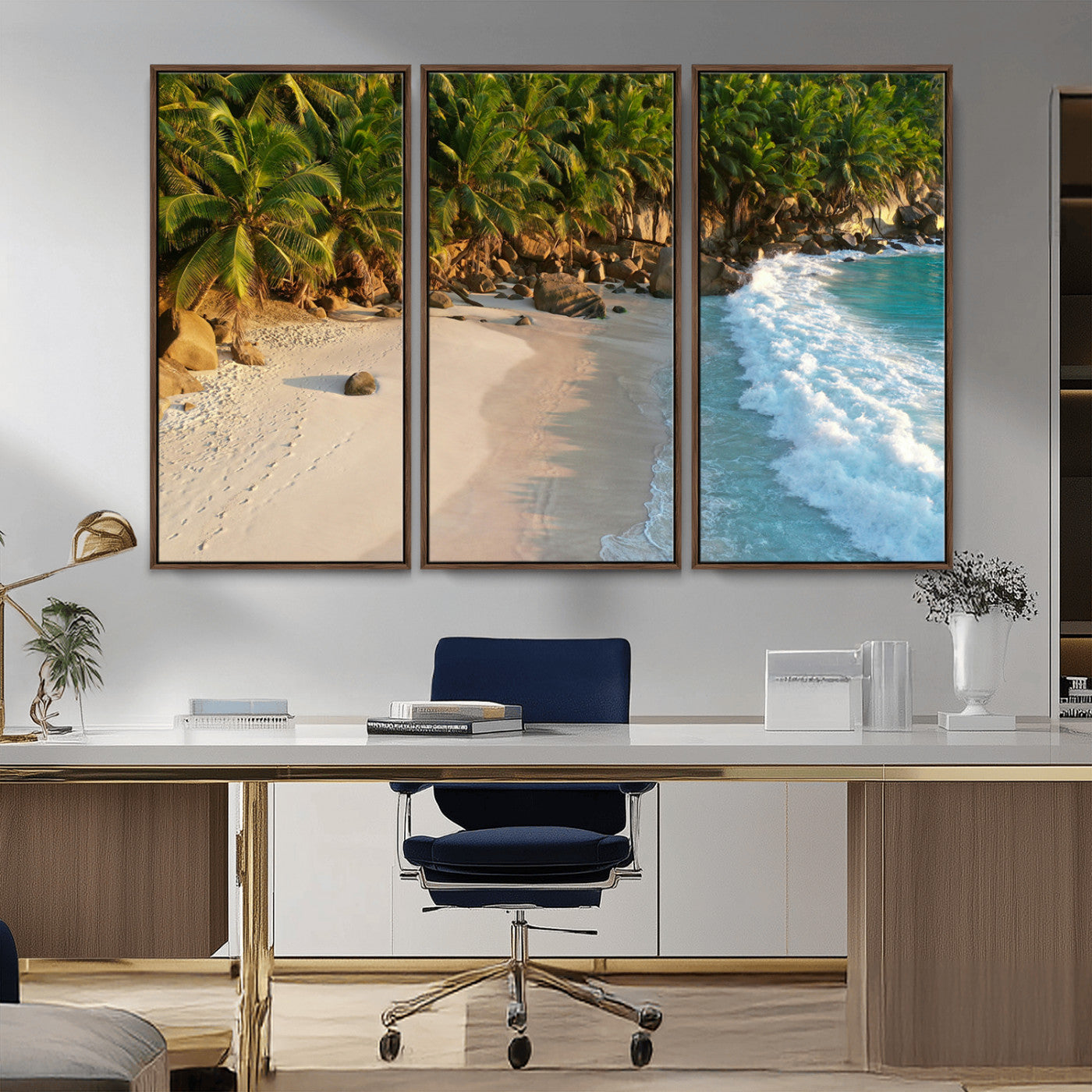 82312665-MGV-CV-36X24-Tropical Beach Wall Art Canvas Print, Framed Ocean Waves Art Picture Print, Palm Trees Perfect Coastal Minimalist Decor Artwork