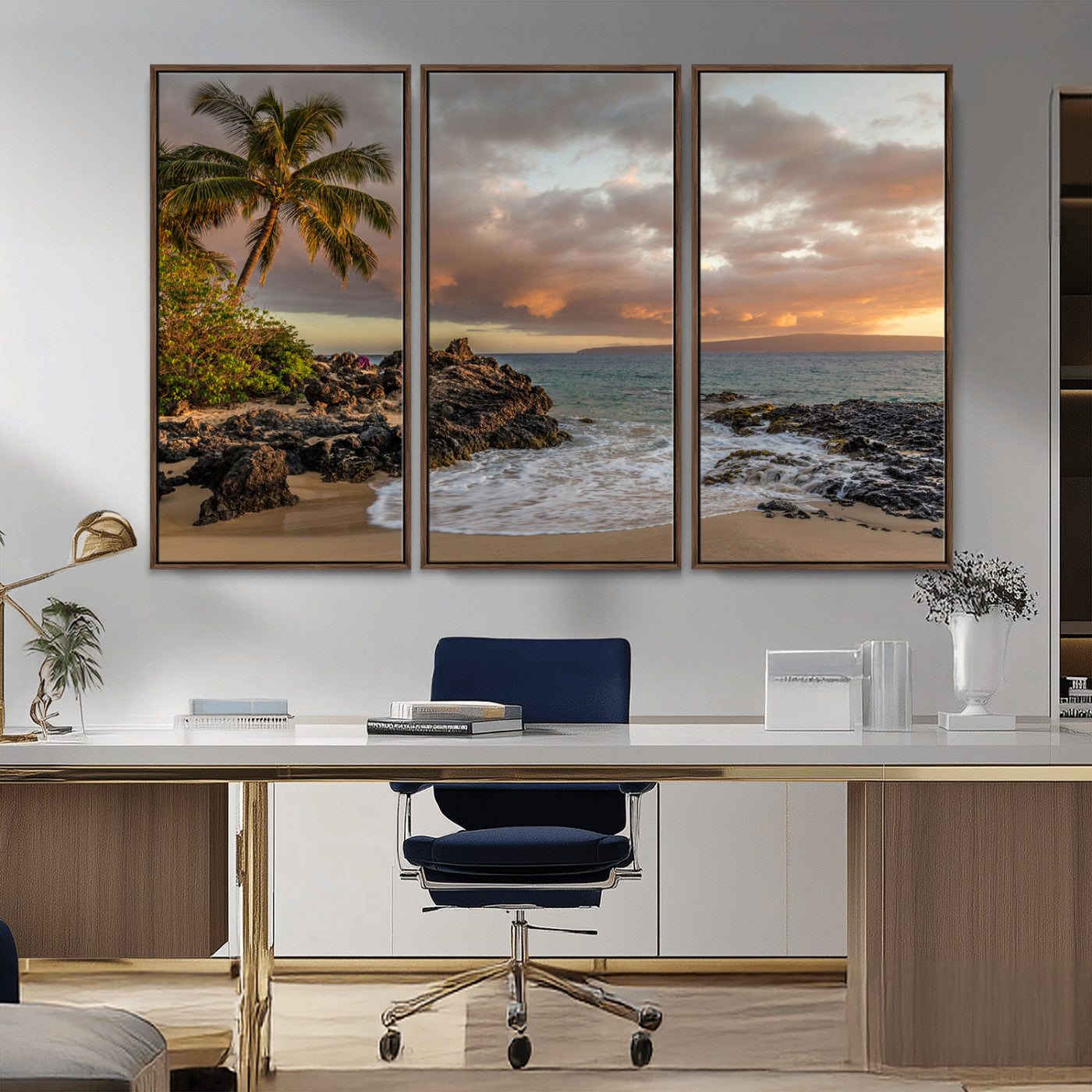 55108220-MGV-CV-36X24-Tropical Beach Wall Art Canvas Print, Framed Hawaiian Sunset Art Picture Print, Ocean Waves Perfect Coastal Tropical Decor Artwork