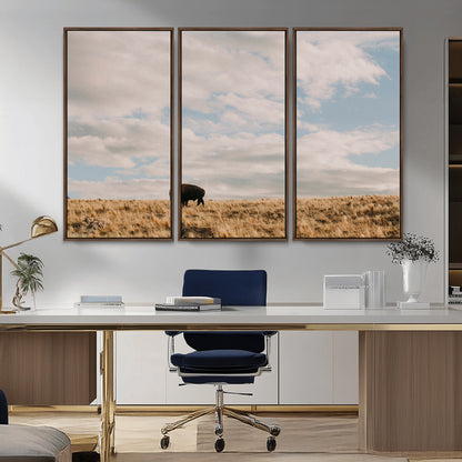 22754563-MGV-CV-36X24-Earthy Tones Wall Art Canvas Print, Framed Rustic Nature Art Picture Print, Solitary Buffalo Perfect Western Minimalist Decor