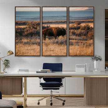 39509187-MGV-FC-48X32-3P_Walnut-Western Wildlife Wall Art Canvas Print, Framed Bison Art Picture Print, Golden Hour Perfect Western Rustic Decor Artwork