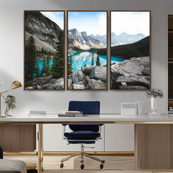 98014896-MGV-FC-48X32-3P_Walnut-Canadian Rockies Wall Art Canvas Print, Framed Mountain Landscape Art Picture Print, Turquoise Water Perfect Scandinavian