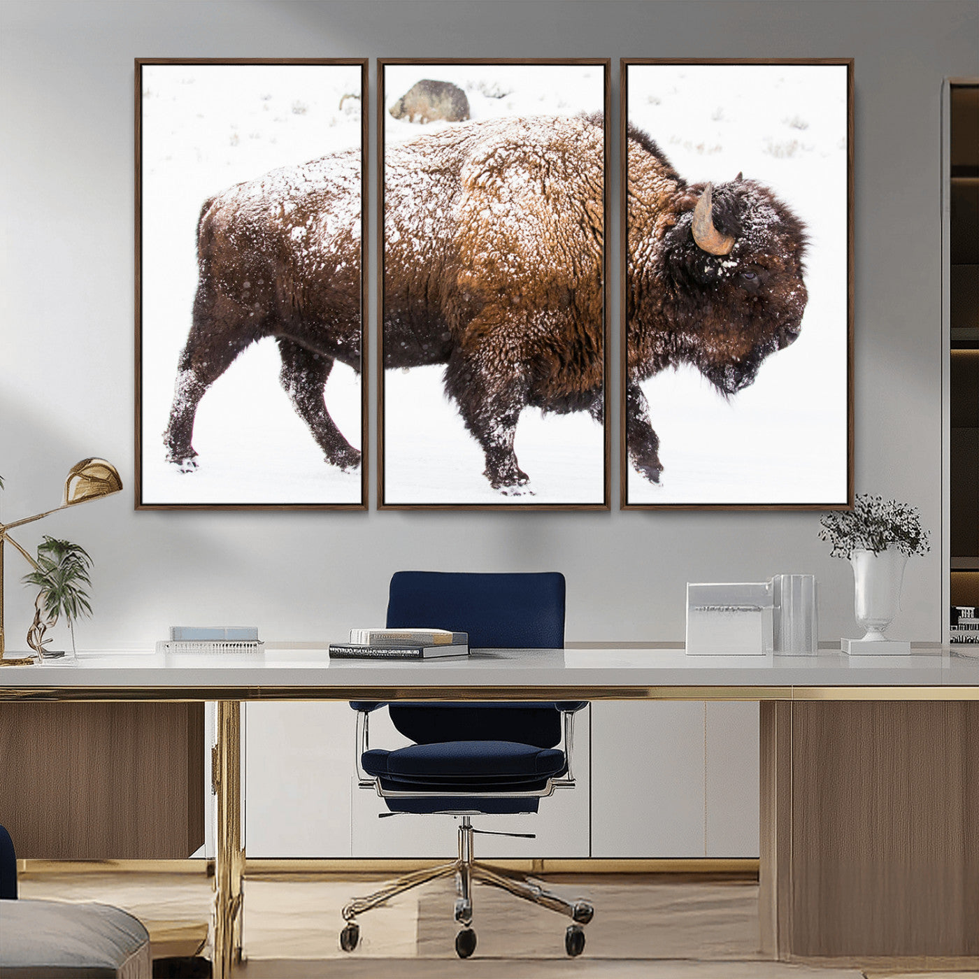 94261165-MGV-CV-36X24-Snowy Buffalo Wall Art Canvas Print, Framed Wildlife Photography Art Picture Print, Brown Tones Perfect Rustic Lodge Decor Decor