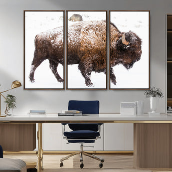 94261165-MGV-CV-36X24-Snowy Buffalo Wall Art Canvas Print, Framed Wildlife Photography Art Picture Print, Brown Tones Perfect Rustic Lodge Decor Decor