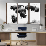 18914414-MGV-CV-36X24-Buffalo Herd Wall Art Canvas Print, Framed Black and White Art Picture Print, Snowy Landscape Perfect Rustic Lodge Decor Decor