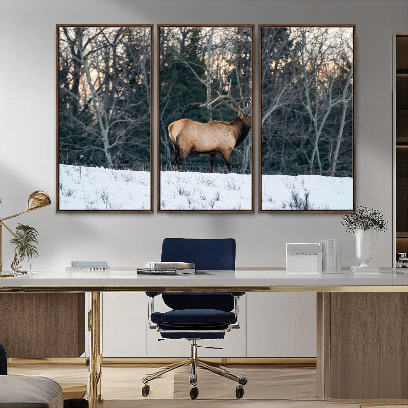 36533178-MGV-CV-36X24-Wild Elk Photography Wall Art Canvas Print, Framed Winter Wildlife Art Picture Print, Snowy Forest Perfect Rustic Lodge Decor