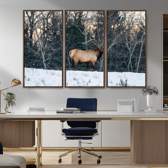 36533178-MGV-CV-36X24-Wild Elk Photography Wall Art Canvas Print, Framed Winter Wildlife Art Picture Print, Snowy Forest Perfect Rustic Lodge Decor