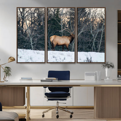 36533178-MGV-CV-36X24-Wild Elk Photography Wall Art Canvas Print, Framed Winter Wildlife Art Picture Print, Snowy Forest Perfect Rustic Lodge Decor