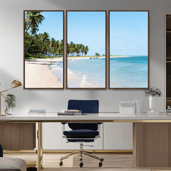 37858872-MGV-CV-36X24-Palm Tree Coast Wall Art Canvas Print, Framed Island Getaway Art Picture Print, Crystal Blue Water Perfect Tropical Coastal Decor