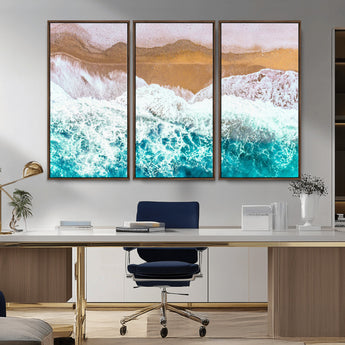 26870666-MGV-CV-36X24-Aerial Beach Wall Art Canvas Print, Framed Ocean Waves Art Picture Print, Coastal Landscape Perfect Coastal Minimalist Decor