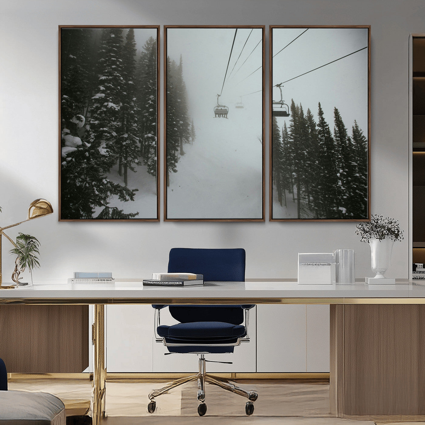87018452-MGV-CV-36X24-Ski Lift Wall Art Canvas Print, Framed Snowy Pines Art Picture Print, Misty Landscape Perfect Winter Serenity Decor Artwork