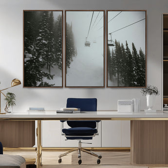 87018452-MGV-CV-36X24-Ski Lift Wall Art Canvas Print, Framed Snowy Pines Art Picture Print, Misty Landscape Perfect Winter Serenity Decor Artwork