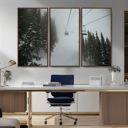 87018452-MGV-CV-36X24-Ski Lift Wall Art Canvas Print, Framed Snowy Pines Art Picture Print, Misty Landscape Perfect Winter Serenity Decor Artwork