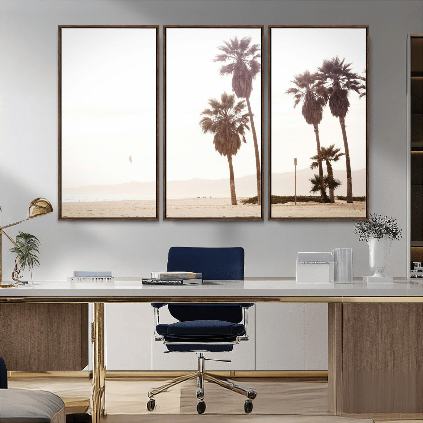 48255923-MGV-FC-48X32-3P_Walnut-Coastal Light Wall Art Canvas Print, Framed Relaxing Shoreline Art Picture Print, Minimalist Ocean Perfect Tropical Serenity Decor