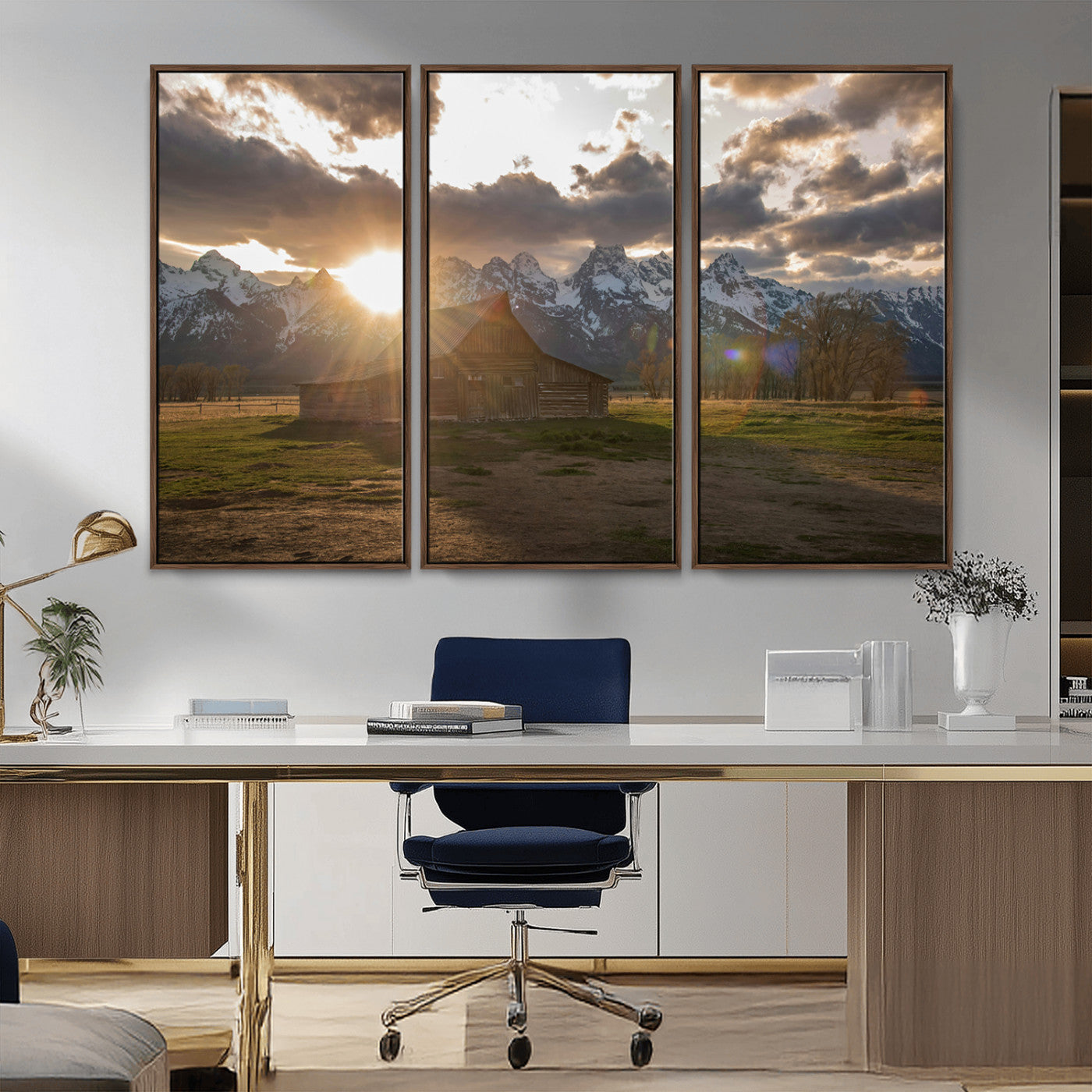 52555760-MGV-FC-48X32-3P_Walnut-Snowy Peaks Wall Art Canvas Print, Framed Nature Escape Art Picture Print, Rustic Charm Perfect Rustic Western Decor Artwork