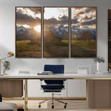 52555760-MGV-FC-48X32-3P_Walnut-Snowy Peaks Wall Art Canvas Print, Framed Nature Escape Art Picture Print, Rustic Charm Perfect Rustic Western Decor Artwork