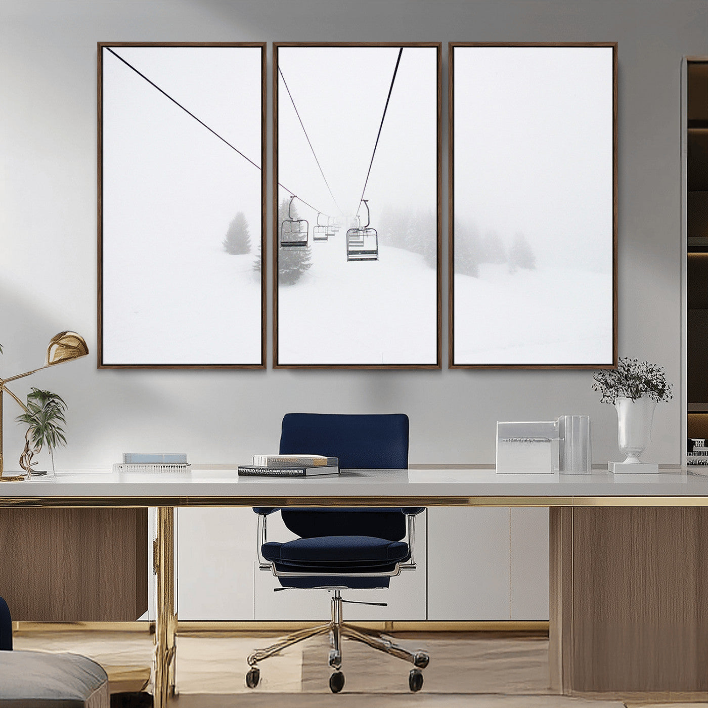 20216390-MGV-FC-48X32-3P_Walnut-Ski Lift Wall Art Canvas Print, Framed Snowy Landscape Art Picture Print, Alpine Adventure Perfect Nordic Minimalist Decor Artwork