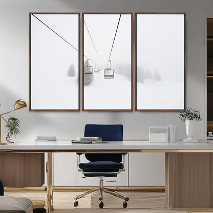 20216390-MGV-FC-48X32-3P_Walnut-Ski Lift Wall Art Canvas Print, Framed Snowy Landscape Art Picture Print, Alpine Adventure Perfect Nordic Minimalist Decor Artwork