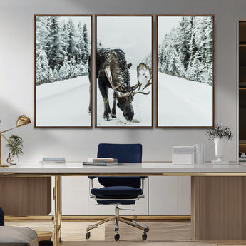 13316292-MGV-CV-36X24-Moose in Snow Wall Art Canvas Print, Framed Winter Wildlife Art Picture Print, Snowy Forest Scene Perfect Rustic Lodge Decor