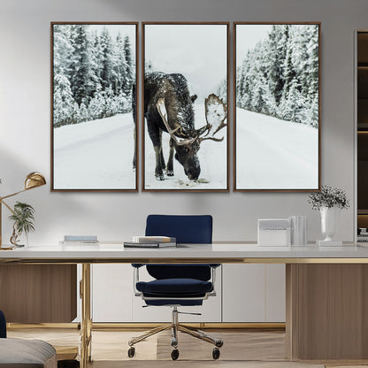 13316292-MGV-CV-36X24-Moose in Snow Wall Art Canvas Print, Framed Winter Wildlife Art Picture Print, Snowy Forest Scene Perfect Rustic Lodge Decor