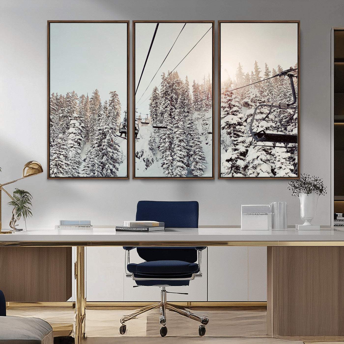 91534512-MGV-FC-48X32-3P_Walnut-Frosty Pines Wall Art Canvas Print, Framed Cozy Cabin View Art Picture Print, Ski Lift Ride Perfect Rustic Lodge Decor Artwork