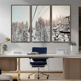 91534512-MGV-FC-48X32-3P_Walnut-Frosty Pines Wall Art Canvas Print, Framed Cozy Cabin View Art Picture Print, Ski Lift Ride Perfect Rustic Lodge Decor Artwork